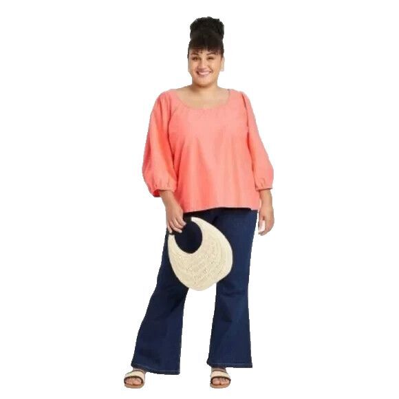 Ava Viv Plus Size Tunic Blouse Coral Orange Cotton Balloon Sleeve Square Neck 2X - Picture 1 of 11
